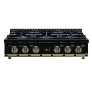 FORNO Ambassador 36-Inch Gas Cooktop in Black with 6 Sealed Burners , 71,000 BUT Output, 1 Antique Brass Dual-Ring Burner, Continuous Cast Iron Grates