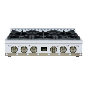FORNO Ambassador 36-Inch Gas Cooktop in White with 6 Sealed Burners , 71,000 BUT Output, 1 Antique Brass Dual-Ring Burner, Continuous Cast Iron Grates