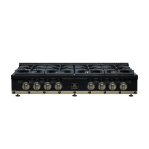 FORNO Ambassador 48-Inch Gas Cooktop in Black with 8 Sealed Burners , 94,000 BUT Output, 2 Antique Brass Dual-Ring Burners , Continuous Cast Iron Grat