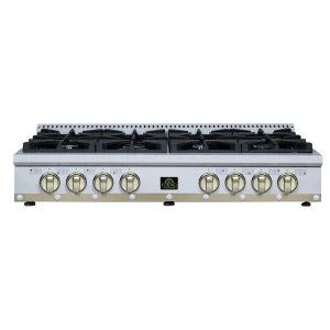 FORNO Ambassador 48-Inch Gas Cooktop in White with 8 Sealed Burners , 94,000 BUT Output, 2 Antique Brass Dual-Ring Burners , Continuous Cast Iron Grat