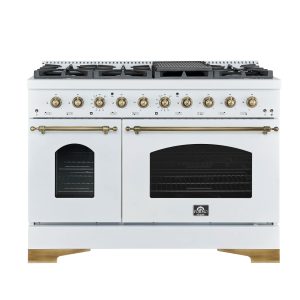 Forno Antico 48-inch Dual Fuel Range with 8 Gas Burner Cooktop and 5.5 Cu.Ft. Electric Convection Oven in White with Antique Brass Trim (FFSGS6113-48W