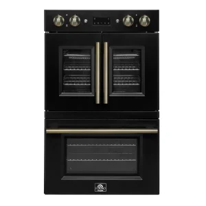 Forno Asti 30-Inch Double Electric Wall Oven with Upper French Doors in Black with Antique Brass Trim (FBOEL1340-30BLK)
