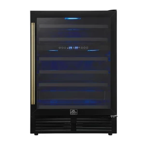 Forno Bachino 24-Inch Wine Cooler in Black with Antique Brass Trim, with LED Lighting, Triple Glass Door, & 51 Bottle Capacity (FWCDR6634-24BLK)