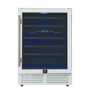 Forno Bachino 24-Inch Wine Cooler in White with Antique Brass Trim, with LED Lighting, Triple Glass Door, & 51 Bottle Capacity (FWCDR6634-24WHT)