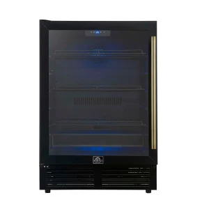 Forno Frescolino 24-Inch Beverage Cooler in Black with Antique Brass Trim, with LED Lighting, Triple Glass Door, 188 Can Capacity, Built-In or Freesta