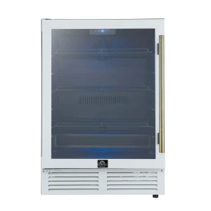 Forno Frescolino 24-Inch Beverage Cooler in White with Antique Brass Trim, with LED Lighting, Triple Glass Door, 188 Can Capacity, Built-In or Freesta