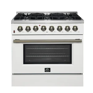 Forno Galiano 36-Inch Dual Fuel Range with 6 Gas Burners and 5.36 Cu.Ft. Electric Convection Oven in White with Antique Brass Trim (FFSGS6156-36WHT)