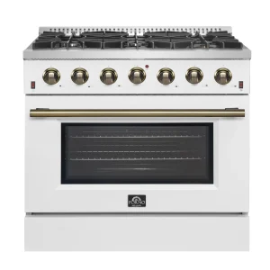 Forno Galiano 36-Inch Gas Range with 6 Burners and 5.36 Cu.Ft. Convection Oven in White with Antique Brass Trim (FFSGS6244-36WHT)
