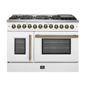 Forno Galiano 48-Inch French Door Dual Fuel Range with 8 Burners and 6.58 Cu. Ft. Electric Convection Oven in White with Antique Brass Trim (FFSGS6356