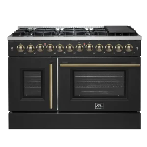 Forno Galiano 48-Inch French Door Dual Fuel Range with 8 Burners and 6.58 Cu. Ft. Electric Convection Oven in Black with Antique Brass Trim (FFSGS6356