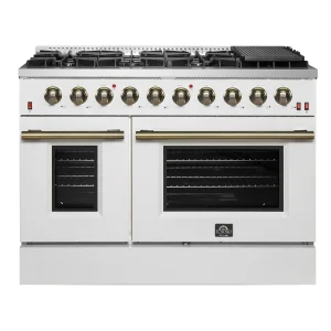 Forno Galiano 48-Inch Gas Range with 8 Burners and 6.58 Cu.Ft. Double Convection Oven in White with Antique Brass Trim (FFSGS6244-48WHT)