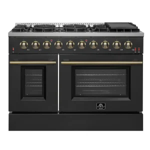 Forno Galiano 48-Inch Gas Range with 8 Burners and 6.58 Cu.Ft. Double Convection Oven in Black with Antique Brass Trim (FFSGS6244-48BLK)