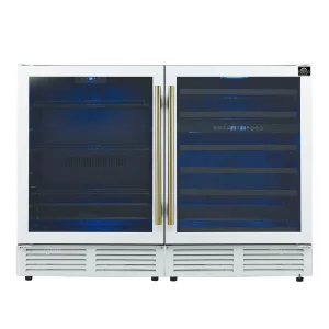 Forno Gemello 48-Inch 9.6 Cu. Ft. Side-by-Side Wine and Beverage Cooler in White with Antique Brass Trim (FWCDR6699-48WHT)