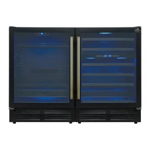 Forno Gemello 48-Inch 9.6 Cu. Ft. Side-by-Side Wine and Beverage Cooler in Black with Antique Brass Trim (FWCDR6699-48BLK)