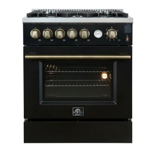 Forno Giovanni 30-Inch Gas Range with 5 Burners and 4.32 Cu.Ft. Convection Gas Oven with Temperature Gauge in Black with Antique Brass Trim (FFSGS6274