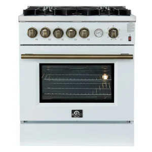 Forno Giovanni 30-Inch Gas Range with 5 Burners and 4.32 Cu.Ft. Convection Gas Oven with Temperature Gauge in White with Antique Brass Trim (FFSGS6274
