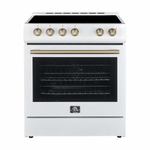 Forno Leonardo Espresso 30-Inch Electric Range with 5.0 cu. Ft. Electric Oven in White with Antique Brass Trim (FFSEL6012-30WHT)