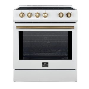 Forno Leonardo Espresso 30-Inch Induction Range in White with Antique Brass Trim (FFSIN0982-30WHT)