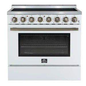 Forno Paolo 36-Inch Freestanding Electric Range with 5.44 Cu.Ft True Convection Oven in White with Antique Brass Trim (FFSEL6011-36WHT)