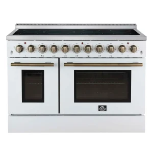 Forno Paolo 48-Inch Freestanding Electric Range with 6.7 Cu.Ft True Convection Oven in White with Antique Brass Trim (FFSEL6011-48WHT)
