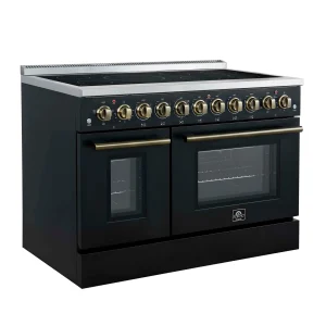Forno Paolo 48-Inch Freestanding Electric Range with 6.7 Cu.Ft True Convection Oven in Black with Antique Brass Trim (FFSEL6011-48BLK)