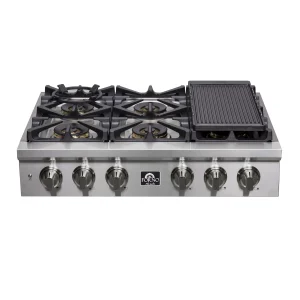 Forno Spezia 36-Inch Pro Style Gas Rangetop, 6 Dual-Ring brass Sealed Burners, 120 000 BTU, Continuous Cast Iron Grates (FCTGS5751-36)