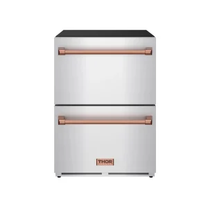 Gordon Ramsay by Thor Kitchen 24-Inch Undercounter Built-In or Freestanding Drawer Refrigerator in Stainless Steel with Rose Gold Trim (RF24U-RSG)