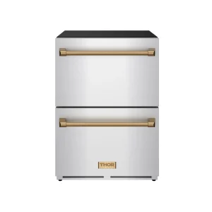 Gordon Ramsay by Thor Kitchen 24-Inch Undercounter Built-In or Freestanding Drawer Refrigerator in Stainless Steel with Bronze Trim (RF24U-BRZ)