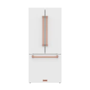 Gordon Ramsay by Thor Kitchen 30-Inch 17.5 cu ft French Door Counter Depth Refrigerator with Ice Maker in White with Rose Gold Handles (RF3017FFDW-RSG