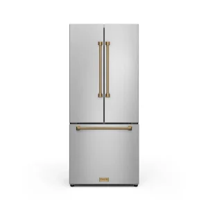 Gordon Ramsay by Thor Kitchen 30-Inch 17.5 cu ft French Door Counter Depth Refrigerator with Ice Maker in Stainless Steel with Bronze Trim (RF3017FFD9