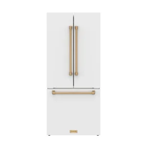 Gordon Ramsay by Thor Kitchen 30-Inch 17.5 cu ft French Door Counter Depth Refrigerator with Ice Maker in White with Bronze Handles (RF3017FFDW-BRZ)
