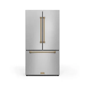 Gordon Ramsay by Thor Kitchen 36-Inch 20.3 cu ft French Door Counter Depth Refrigerator with Ice Maker in Stainless Steel with Bronze Trim (RF3621CTD9