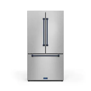 Gordon Ramsay by Thor Kitchen 36-Inch 20.3 cu ft French Door Counter Depth Refrigerator with Ice Maker in Stainless Steel with Navy Blue Trim (RF3621