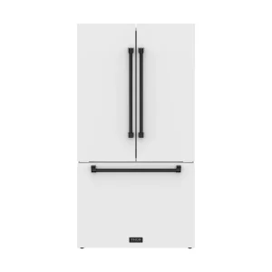 Gordon Ramsay by Thor Kitchen 36-Inch 20.3 cu ft French Door Counter Depth Refrigerator with Ice Maker in White with Black Handles (RF3621CTDW-BLK)