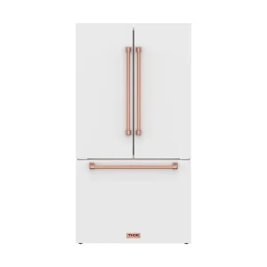 Gordon Ramsay by Thor Kitchen 36-Inch 20.3 cu ft French Door Counter Depth Refrigerator with Ice Maker in White with Rose Gold Handles (RF3621CTDW-RSG