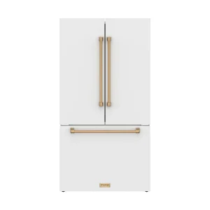 Gordon Ramsay by Thor Kitchen 36-Inch 20.3 cu ft French Door Counter Depth Refrigerator with Ice Maker in White with Bronze Handles (RF3621CTDW-BRZ)
