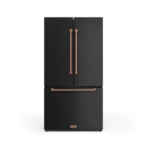 Gordon Ramsay by Thor Kitchen 36-Inch 20.3 cu ft French Door Counter Depth Refrigerator with Ice Maker in Black with Rose Gold Trim (RF3621CTD00-RSG)