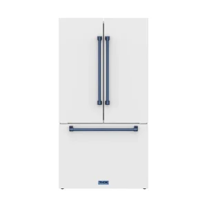 Gordon Ramsay by Thor Kitchen 36-Inch 20.3 cu ft French Door Counter Depth Refrigerator with Ice Maker in White with Blue Handles (RF3621CTDW-BLU)