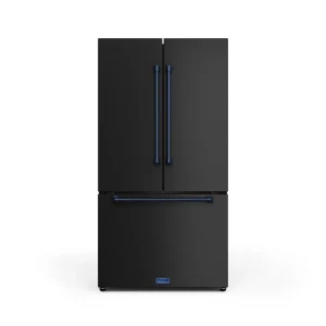 Gordon Ramsay by Thor Kitchen 36-Inch 20.3 cu ft French Door Counter Depth Refrigerator with Ice Maker in Black with Navy Blue Trim (RF3621CTD00-BLU)
