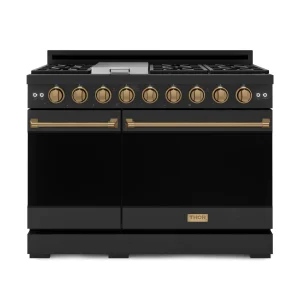 Gordon Ramsay by Thor Kitchen 48-Inch Professional Natural Gas Range with Pro-Style Knobs and 6.8 Cu. Ft. Double Oven in Black with Bronze Trim (RSG48
