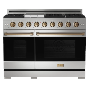 Gordon Ramsay by Thor Kitchen 48-Inch Professional Natural Gas Range with Pro-Style Knobs and 6.8 Cu. Ft. Double Oven in Stainless Steel with Bronze T