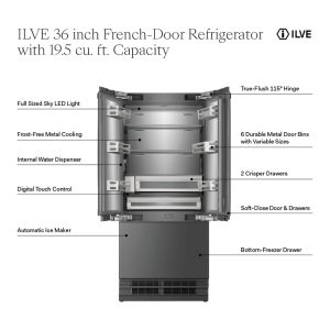 ILVE 36-Inch Built-In French Door Refrigerator with 19.5 cu. ft. Capacity, Internal Water Dispenser, Ice Maker, Energy Star, Sabbath Mode (URFD36SIWPR