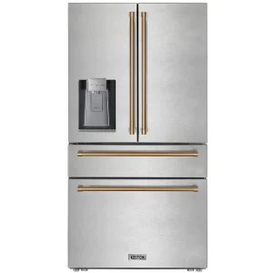 Kostch 36-Inch Counter-Depth Refrigerator with Ice Maker, Water & Ice Dispenser in Stainless Steel with Bronze Handles (KOS-36RFD07T-SG)