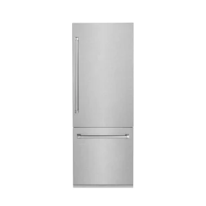 ZLINE 30-Inch 16.1 cu. ft. Built-In 2-Door Bottom Freezer Refrigerator with Internal Water and Ice Dispenser in Satin Stainless Steel Fingerprint Resi
