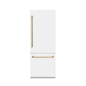 ZLINE 30-Inch Autograph Edition 16.1 cu. ft. Built-in 2-Door Bottom Freezer Refrigerator with Internal Water and Ice Dispenser in White Matte with Cha