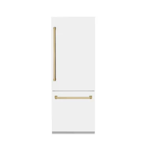 ZLINE 30-Inch Autograph Edition 16.1 cu. ft. Built-in 2-Door Bottom Freezer Refrigerator with Internal Water and Ice Dispenser in White Matte with Gol