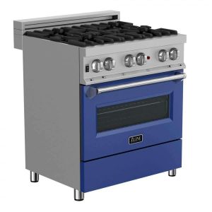 ZLINE 30-inch Legacy Series Dual Fuel Range in Fingerprint Resistant Satin Stainless Steel with Blue Matte Door (RAS-BM-30)