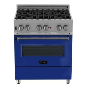 ZLINE 30-inch Legacy Series Dual Fuel Range in Fingerprint Resistant Satin Stainless Steel with Blue Gloss Door (RAS-BG-30)