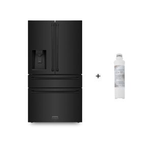 ZLINE 36-Inch 21.6 cu. ft. 4-Door French Door Refrigerator with Water and Ice Dispenser and Water Filter in Fingerprint Resistant Black Stainless Stee
