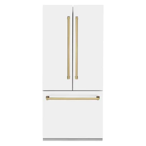 ZLINE 36-Inch Autograph Edition 19.6 cu. ft. Built-in 2-Door Bottom Freezer Refrigerator with Internal Water and Ice Dispenser in White Matte with Gol